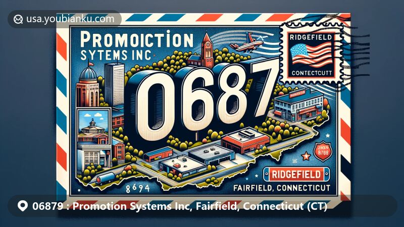 Modern illustration of Promotion Systems Inc, Ridgefield, Fairfield, Connecticut, portraying postal theme with ZIP code 06879, featuring Fairfield County map outline, Ridgefield landmarks, and traditional postal symbols.