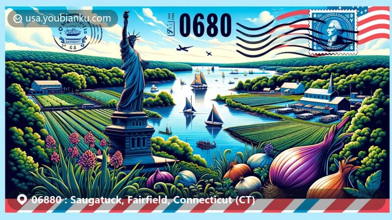 Modern illustration of Saugatuck, Fairfield County, Connecticut, featuring vibrant Saugatuck River, historical Minuteman Statue at Compo Beach, and stylized elements representing the area's onion-growing past.