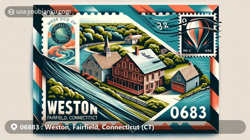 Modern illustration of Weston, Fairfield, Connecticut, showcasing Norfield Historic District with vintage airmail envelope and Saugatuck River, featuring meteor event of 1807 and ZIP code 06883.