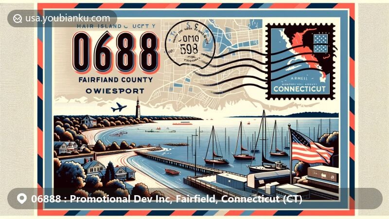 Modern illustration of Westport, Fairfield County, Connecticut, highlighting postal theme with ZIP code 06888, showcasing coastal scenery and state symbols.