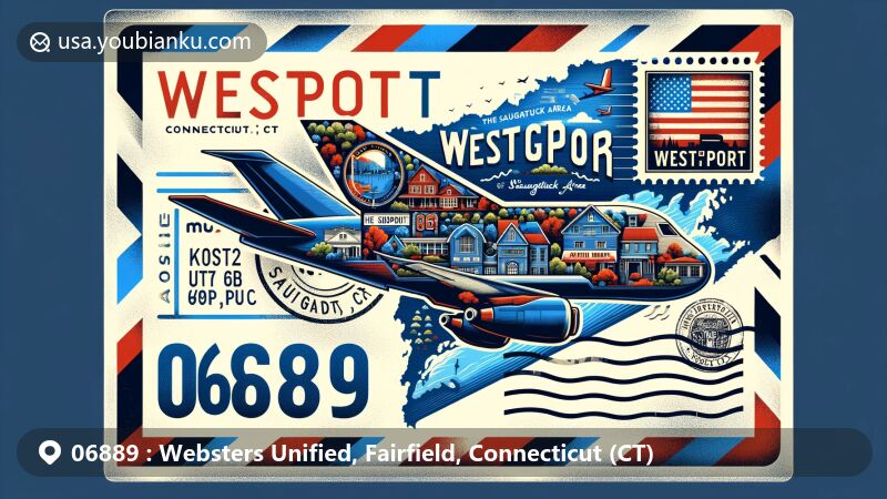 Modern illustration of Westport, Connecticut, showcasing postal theme with ZIP code 06889, featuring state flag, geographic outline of Saugatuck area, and iconic landmark on postage stamp.