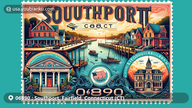 Modern illustration of Southport, Fairfield, Connecticut, capturing postal theme with ZIP code 06890, featuring Southport Harbor with historic Victorian and Greek Revival houses, Pequot Library, and postal elements like vintage postage stamp and elegant script 'Southport, CT'.