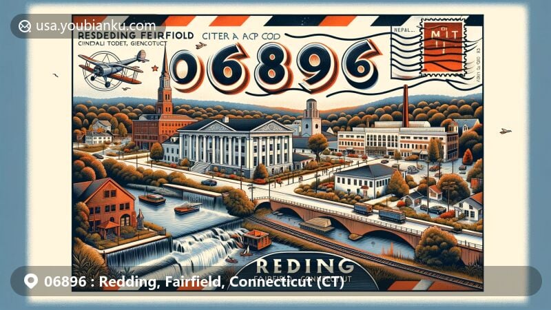 Modern illustration of Redding, Fairfield, Connecticut, showcasing postal theme with ZIP code 06896, featuring historic Redding Center with Federal, Greek Revival, and Colonial Revival architecture, Gilbert & Bennett wire mill, and garnet-rich geology near train station.
