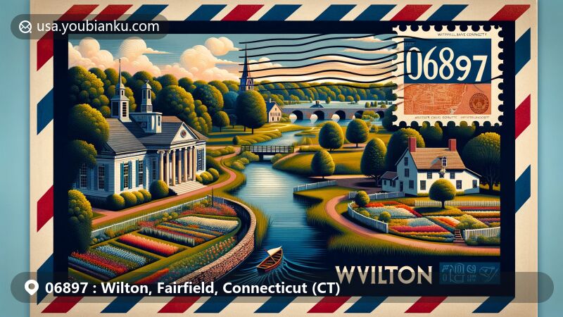 Vintage illustration of Wilton, Fairfield County, Connecticut, featuring ZIP code 06897, showcasing Weir Farm National Historic Site and colonial landmarks, with elements of the Connecticut state flag.