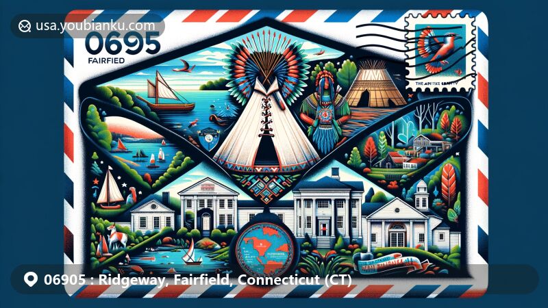 Illustration of ZIP Code 06905 in Ridgeway, Fairfield, Connecticut, featuring a stylized airmail envelope showcasing landmarks and cultural elements, including Native American Paugussetts tribe, colonial architecture, Maritime Aquarium, Bush-Holley House, and Connecticut state symbols.