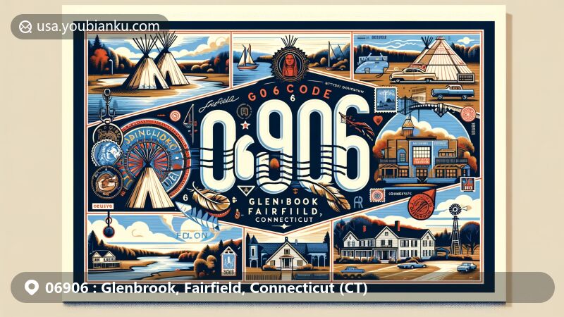 Modern illustration of Glenbrook, Fairfield County, Connecticut, showcasing postal theme with ZIP code 06906, featuring Native American cultural elements, colonial history, and ethnic diversity.