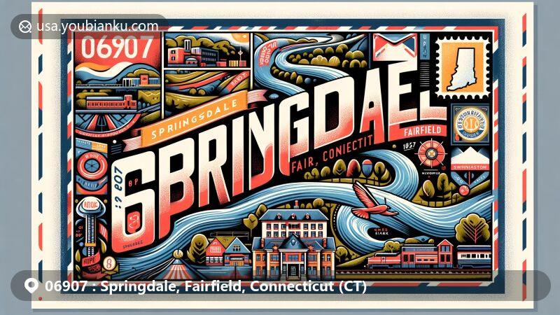Modern illustration of Springdale, Fairfield, Connecticut, featuring postal theme with ZIP code 06907, showcasing Noroton River and local landmarks, including the Springdale railway station and hilly landscapes.
