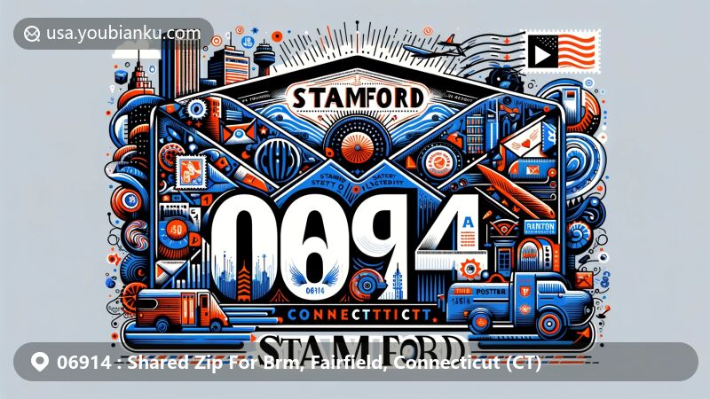 Creative illustration of 06914 ZIP code area in Stamford, Connecticut, showcasing postal charm with iconic city symbols, stamps, and postmark.