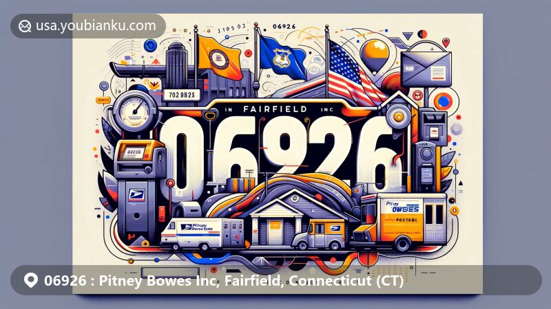 Modern illustration of Pitney Bowes Inc in Fairfield, Connecticut, showcasing postal innovation with postage meter, parcel locker, and package tracking solutions, featuring ZIP code 06926 and state symbols.