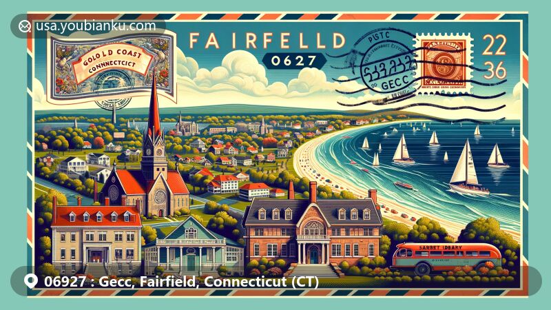 Wide postcard illustration of Fairfield, Connecticut, highlighting Gold Coast, Fairfield Beach, Pequot Library, Fairfield University, and Sacred Heart University, with vintage postal elements like stamp, postmark, and postbox for ZIP code 06927.