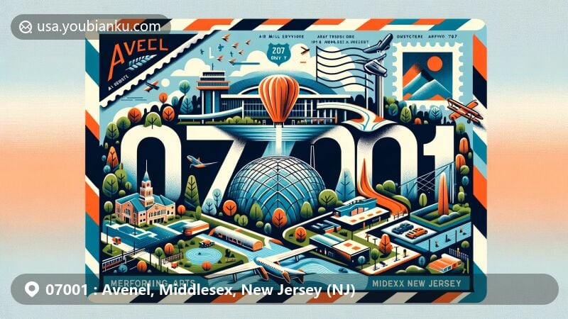 Modern illustration of Avenel, Middlesex, New Jersey, combining regional and postal elements in an air mail envelope style, showcasing Avenel Performing Arts Center, natural beauty, and ZIP code 07001.