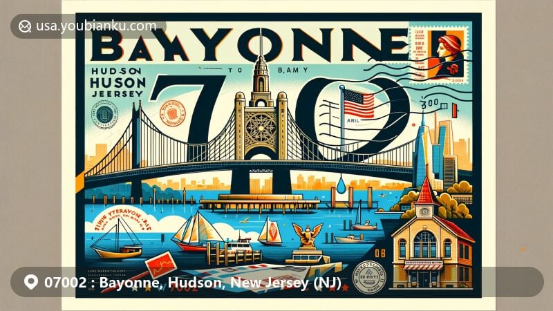Modern illustration of Bayonne, Hudson County, New Jersey, featuring postal theme with ZIP code 07002, showcasing Bayonne Bridge, Teardrop Memorial, New York City skyline, and Bayonne Community Museum.