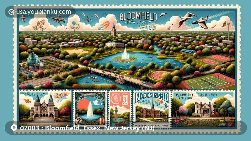 Cultural and natural highlights of Bloomfield, Essex County, New Jersey, showcasing Brookdale Park, Clarks Pond, Pulaski Park, Westminster Arts Center, Halcyon Park, and postal elements with ZIP code 07003.