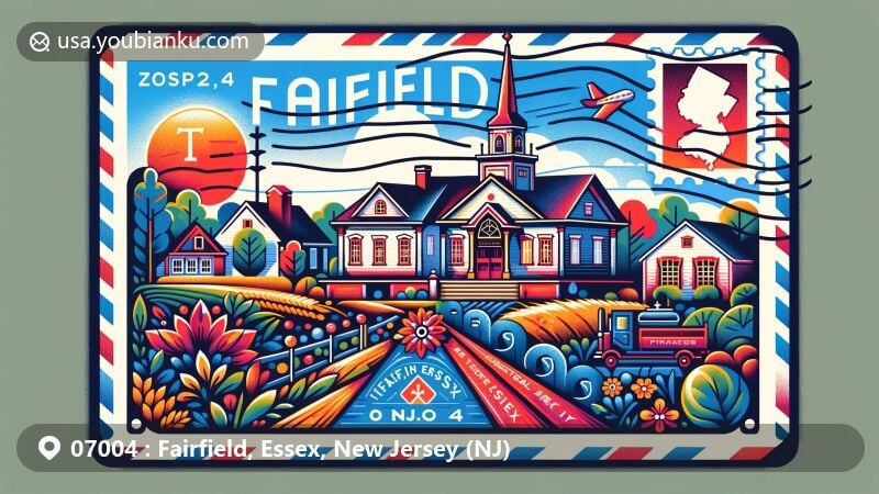 Modern illustration of Fairfield, Essex County, New Jersey, showcasing postal theme with ZIP code 07004, featuring landmarks like Van Ness House and Fairfield Dutch Reformed Church.