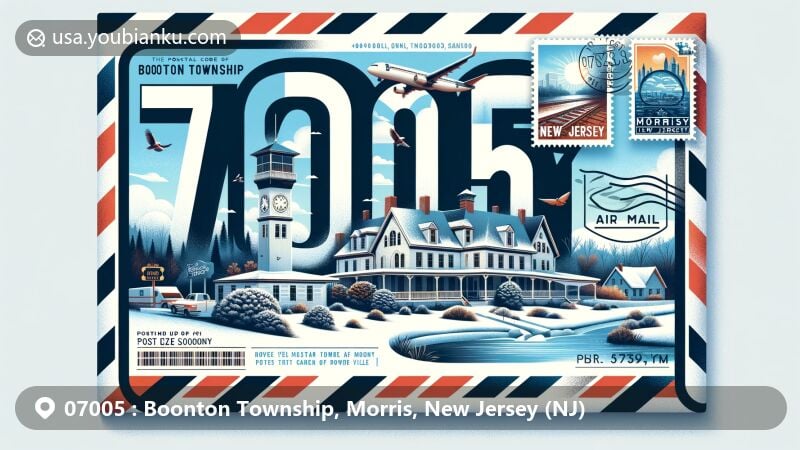 Vibrant illustration of Boonton Township, Morris County, New Jersey, featuring historic Powerville Hotel, winter scene, and iconic New Jersey symbols on an air mail envelope design.