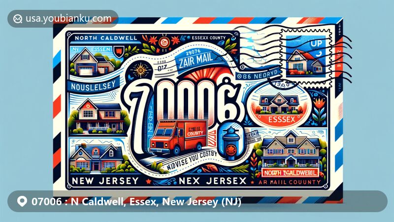 Modern illustration of North Caldwell, Essex County, New Jersey, showcasing postal theme with ZIP code 07006, featuring iconic elements of residential areas and postal design, reflecting high socioeconomic status.