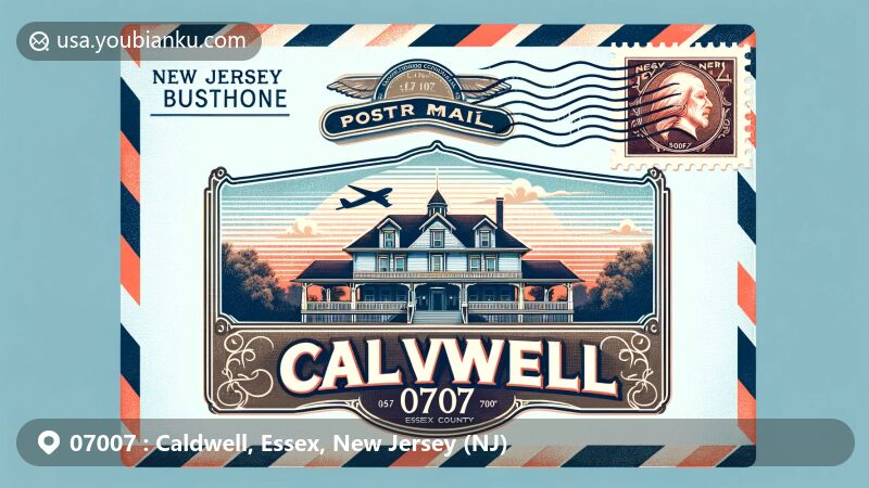 Vintage illustration of Caldwell, Essex County, New Jersey, portraying postal theme with ZIP code 07007, highlighting Grover Cleveland Birthplace and New Jersey state symbols.