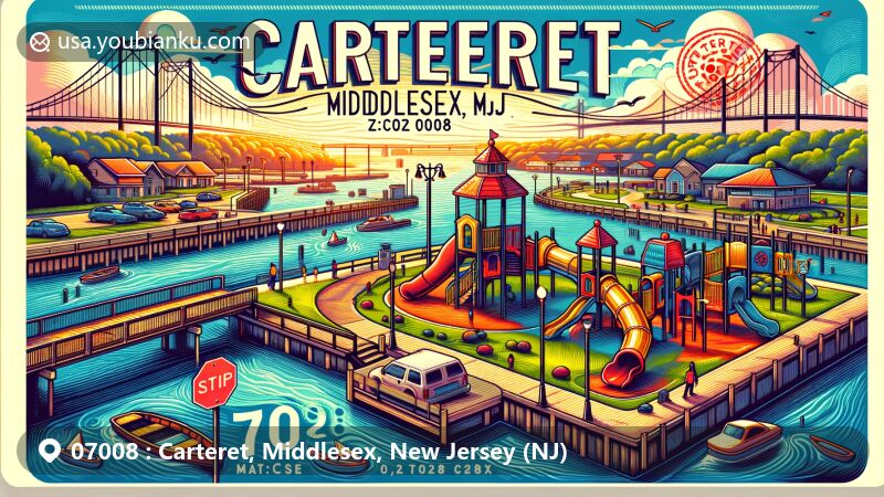 Modern illustration of Carteret, Middlesex County, New Jersey, showcasing waterfront park theme with ZIP code 07008, featuring Carteret Waterfront Park playground and scenic waterfront views.
