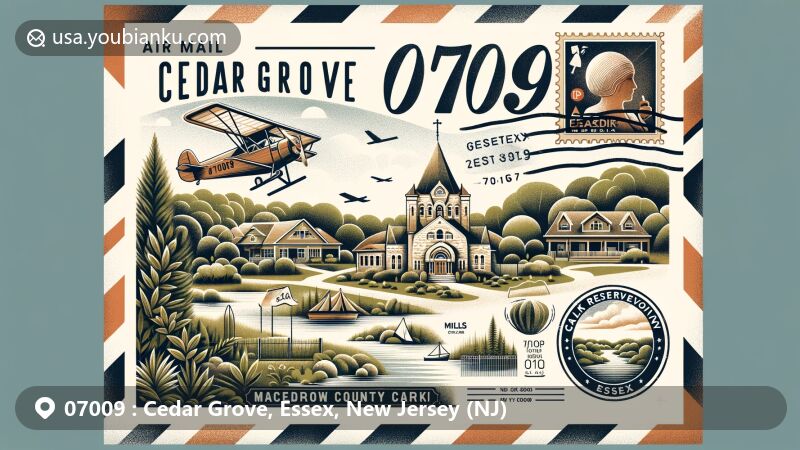 现代插画，展示新泽西州埃塞克斯县Cedar Grove的关键地标和特色，包括Cedar Grove Park、Frank Dailey's Meadowbrook Ballroom和Mills Reservation County Park，突出自然美景和文化元素。