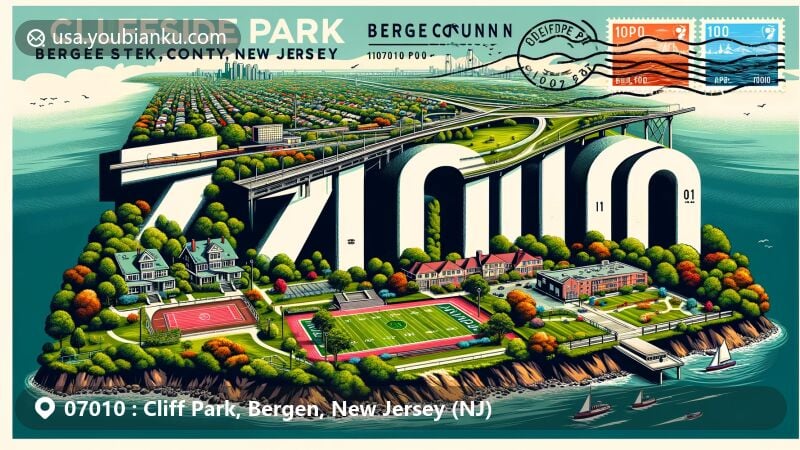 Modern illustration of Cliffside Park, Bergen County, New Jersey, showcasing postal theme with ZIP code 07010, featuring suburban landscape, green parks, residential areas, and local architecture.