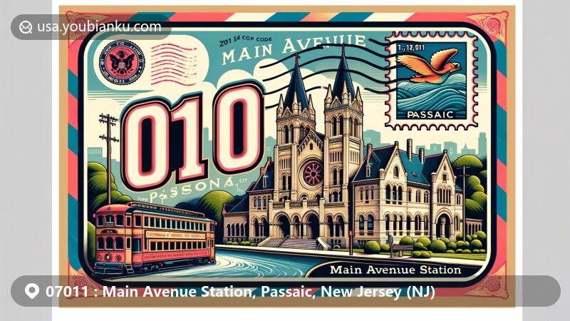 Modern illustration of Main Avenue Station in Passaic, New Jersey, showcasing ZIP code 07011, featuring Cathedral of Saint Michael the Archangel, Dey Mansion, and Passaic River, with vintage postcard design and postal elements.