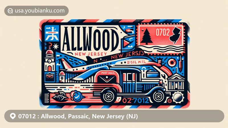 Modern illustration of Allwood, Passaic, New Jersey (NJ), showcasing postal theme with ZIP code 07012, featuring New Jersey state flag and iconic symbols, including postage stamp, postmark, and classic mail truck.