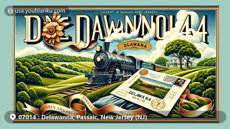 Creative postcard design of Delawanna area in Passaic County, New Jersey, showcasing lush greenery, rolling hills, vintage postal envelope, and symbolic postal stamp with '07014' ZIP code.