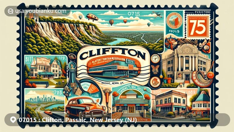 Modern illustration of Clifton, Passaic County, New Jersey, highlighting Garret Mountain Reservation, Hamilton House Museum, Tick Tock Diner, diverse dining scene, Clifton Arts Center, and postal elements with vintage stamps and mailbox.