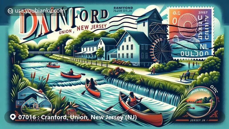 Modern illustration of Cranford, Union, New Jersey, highlighting postal theme with ZIP code 07016, featuring Rahway River, Lenape Park, and historic grist mill.