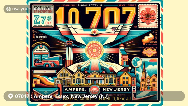 Modern illustration of Ampere, Essex County, New Jersey, featuring vintage airmail envelope with prominent ZIP code 07017, Bloomfield Township outline, and state flag stamp.