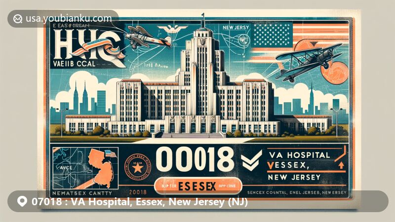 Modern illustration of VA Hospital, Essex, New Jersey (NJ), showcasing historic East Orange VA Medical Center in Art Deco style, Manhattan skyline view, vintage airmail design, and patriotic elements.