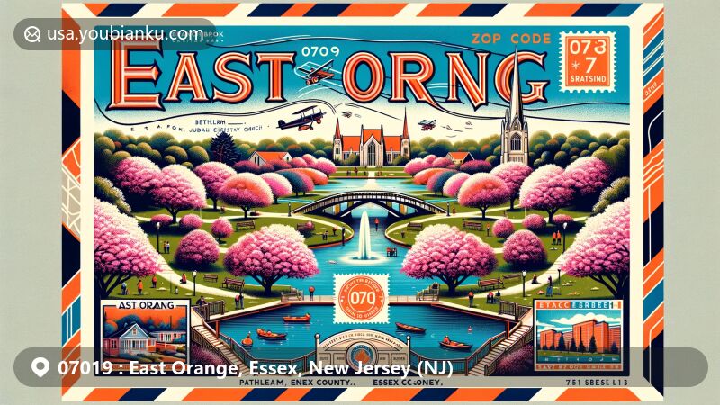Modern illustration of East Orange, Essex County, New Jersey, highlighting Branch Brook Park's cherry blossom trees and iconic landmarks, framed with air mail envelope elements including ZIP code 07019.