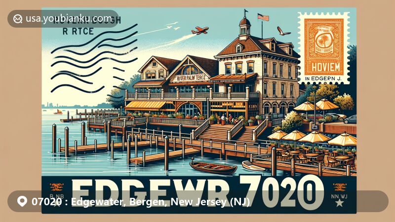 Modern illustration of Edgewater, Bergen County, New Jersey, featuring Hudson River, River Palm Terrace restaurant, and Edgewater Borough Hall, with postal elements like stamps and postmarks, highlighting ZIP code 07020.