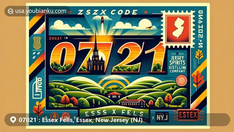 Modern illustration of Essex Fells, Essex County, New Jersey, in air mail envelope style, featuring lush greenery, Kips Castle silhouette, and Jersey Spirits Distilling Company logo, with subtle oak leaf pattern, and prominent '07021' text.