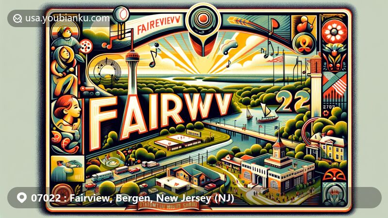 Modern illustration of Fairview, Bergen County, New Jersey, capturing Bodman Park with green spaces, playgrounds, sports fields, Wilmort Park known for tranquility and community events, portraying Middletown Little League players and Octopus Music School, showcasing Hackensack River valley, and featuring Fairview Elementary School and New Jersey state symbols.