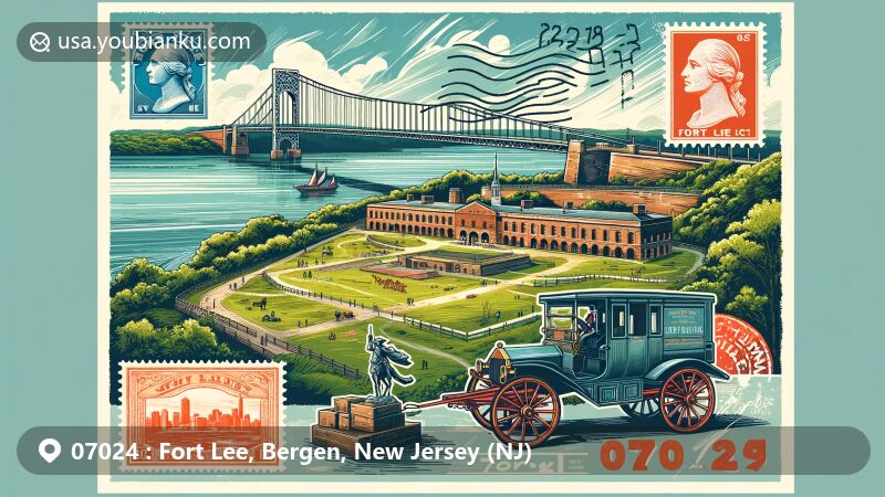 Colorful artwork depicting Fort Lee, Bergen County, New Jersey, with ZIP code 07024, showcasing Fort Lee Historic Park and George Washington Bridge, combined with vintage postal elements.