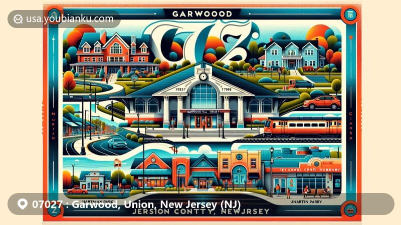 Modern illustration of Garwood, Union County, New Jersey, capturing the essence of postal theme with ZIP code 07027, featuring vibrant NJ Transit train station and picturesque suburban parks.