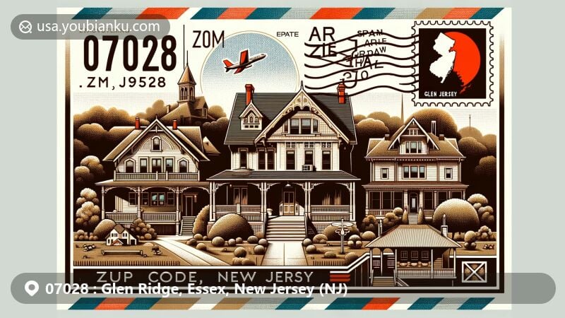 Modern illustration of Glen Ridge, New Jersey, showcasing ZIP code 07028 on a wide horizontal postcard or airmail envelope. Features Glen Ridge Historic District with Victorian and Colonial Revival-style houses, including the Frank Lloyd Wright-designed house, New Jersey state symbols, and postal theme.
