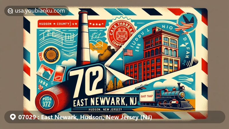 Modern illustration of East Newark, Hudson, New Jersey, showcasing postal theme with ZIP code 07029, featuring iconic landmarks like Clark Thread Company Historic District and New Jersey state flag.