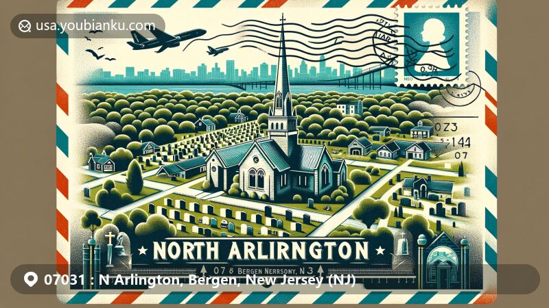 Modern illustration of North Arlington, Bergen County, New Jersey, highlighting Holy Cross Cemetery, Schuyler Copper Mine, NYC skyline, and suburban ambiance, with vintage postal elements.