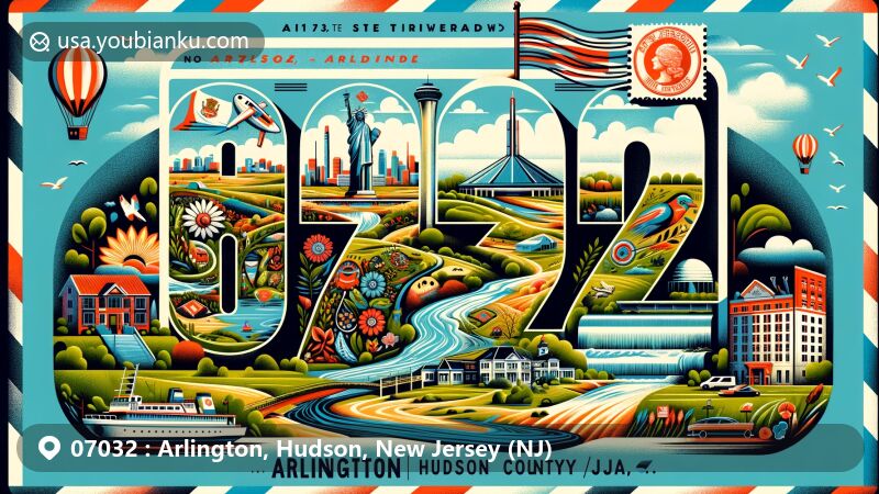 Modern illustration of Arlington, Hudson County, New Jersey, featuring iconic landmarks like New Jersey Meadowlands, Passaic River, and Kearny Riverbank Park, along with representations of the diverse Hispanic community and postal elements like '07032' ZIP code stamp and American mailbox.