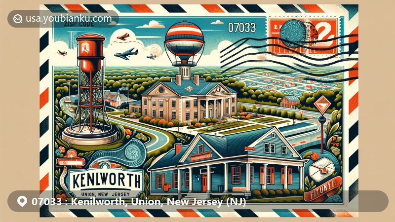 Modern illustration of Kenilworth, Union County, New Jersey, showcasing Tin Kettle Hill, Nitschke House, and postal elements with ZIP code 07033, encompassing rich history and community spirit.