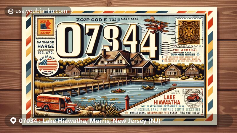 Modern illustration of Lake Hiawatha, Morris County, New Jersey, featuring a postal theme with ZIP code 07034, showcasing a stylized summer house, an artificial lake from 1935, a classic American mailbox, a vintage fire engine, and the New Jersey state flag.