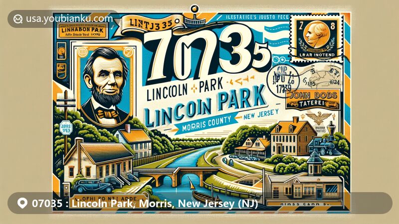 Modern illustration of Lincoln Park, Morris County, New Jersey, featuring vintage postal theme with ZIP code 07035, showcasing Morris Canal, Pompton River, John Dods Tavern, and Abraham Lincoln stamp.