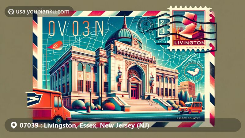 Modern illustration capturing the essence of Livingston, Essex County, New Jersey, with iconic postal theme featuring ZIP code 07039, showcasing Livingston Public Library, Livingston Mall, Essex County map, New Jersey state flag, and vintage postal elements.