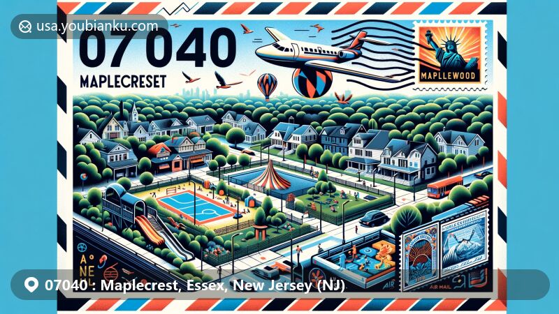 Modern illustration of Maplecrest, Essex, New Jersey (NJ), resembling an airmail envelope highlighting Maplecrest Park's lush greenery, playgrounds, and skate park, along with Maplewood's cultural scene and picturesque residential neighborhoods, featuring ZIP code 07040 and postal elements.