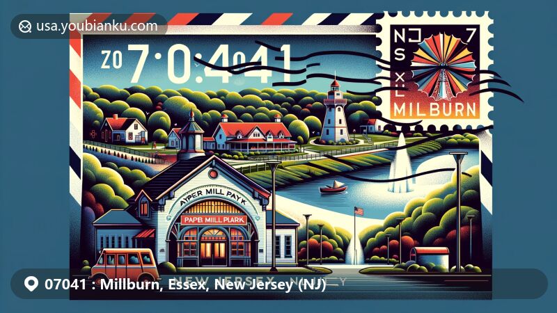 Modern illustration of Millburn, Essex County, New Jersey, featuring Taylor Park and Paper Mill Playhouse, with New Jersey state flag, postal elements, and vintage postal van in a vibrant postcard design.