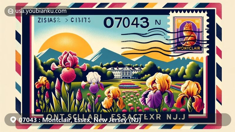 Vintage-inspired illustration of Montclair, Essex County, New Jersey, with iconic Presby Memorial Iris Gardens and Watchung Mountains silhouette, featuring Montclair State University and postal theme with ZIP code 07043.