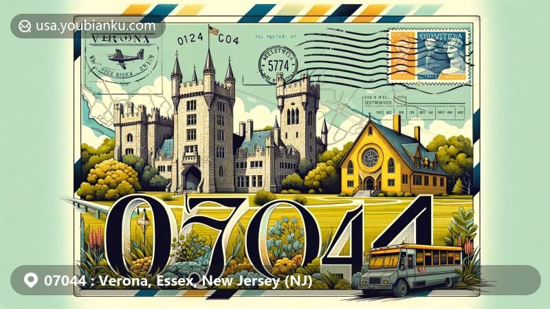 Modern illustration of Verona, Essex County, New Jersey, showcasing postal theme with ZIP code 07044, featuring Kip's Castle Park and Methodist Church, surrounded by New Jersey state symbols and postcard elements.