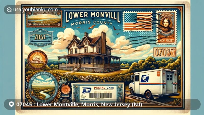 Modern illustration of Lower Montville, Morris County, New Jersey, showcasing postal theme with ZIP code 07045, featuring Henry Doremus House and Pyramid Mountain Natural Historic Area.